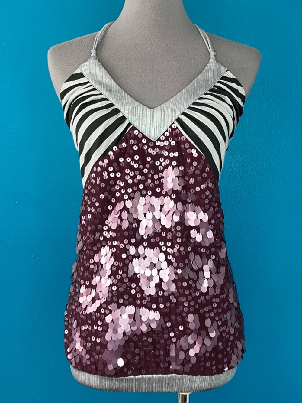 Vintage Custo Barcelona Party Halter Top in Purple Sequins & Stripes Medium